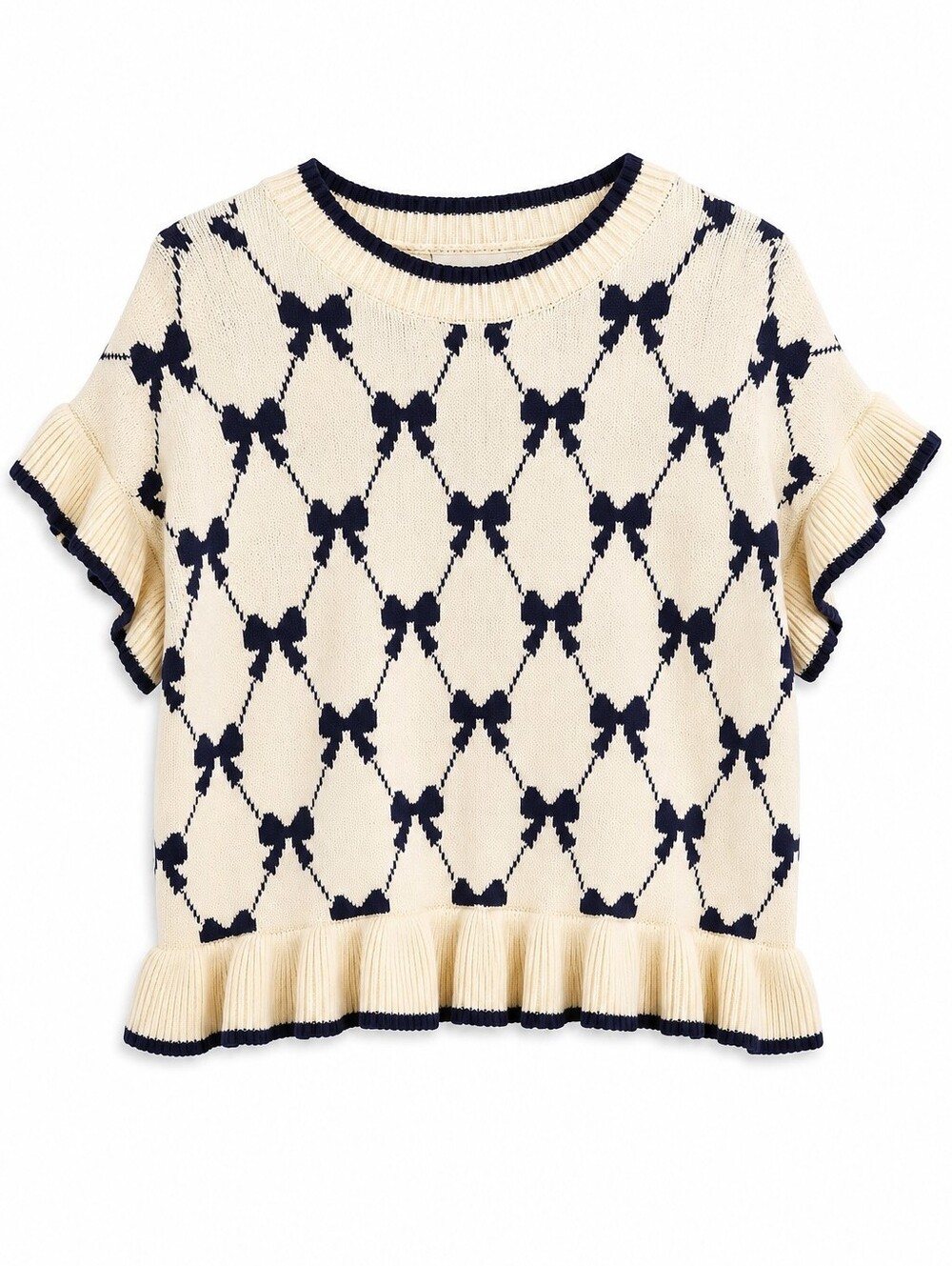Umgee Cream Black Bow Knit Ruffle Sweater Top, M, French, Preppy, Romantic
